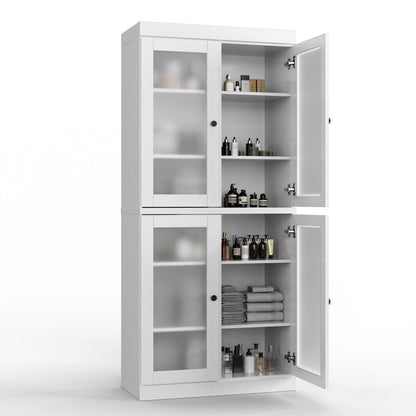 32" White Solid Wood Glass Panel Inlay Double Door Linen Cabinet