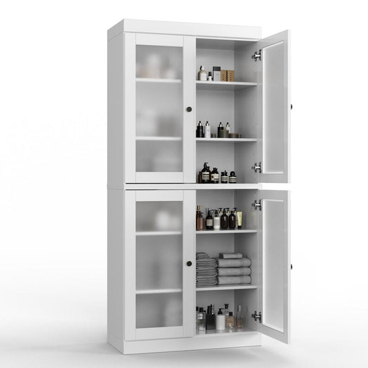 32" White Solid Wood Glass Panel Inlay Double Door Linen Cabinet