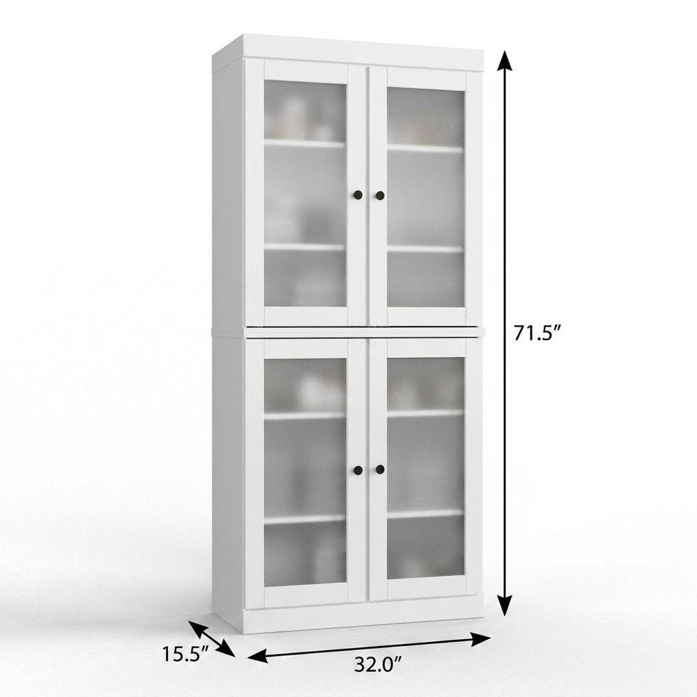 32" White Solid Wood Glass Panel Inlay Double Door Linen Cabinet HomeRoots