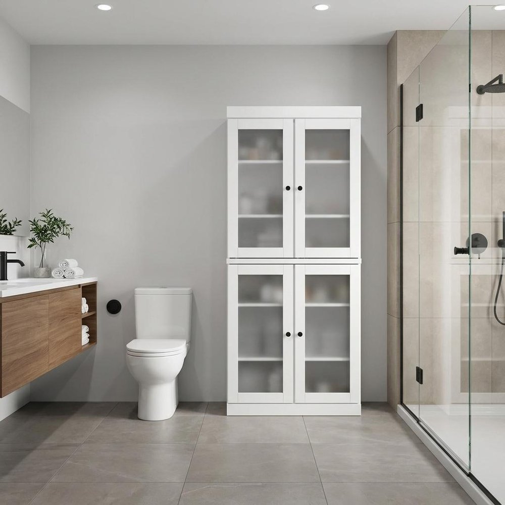 32" White Solid Wood Glass Panel Inlay Double Door Linen Cabinet HomeRoots