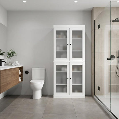 32" White Solid Wood Glass Panel Inlay Double Door Linen Cabinet HomeRoots