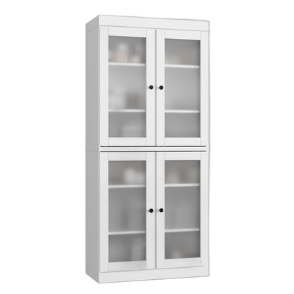 32" White Solid Wood Glass Panel Inlay Double Door Linen Cabinet