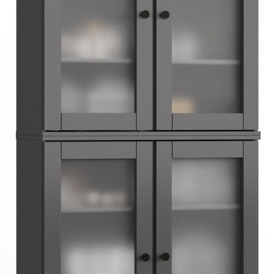 32" Gray Solid Wood Glass Panel Inlay Double Door Linen Cabinet