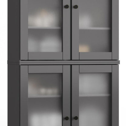 32" Gray Solid Wood Glass Panel Inlay Double Door Linen Cabinet HomeRoots