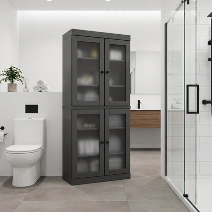 32" Gray Solid Wood Glass Panel Inlay Double Door Linen Cabinet HomeRoots