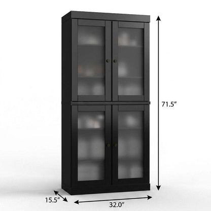 32" Black Solid Wood Glass Panel Inlay Double Door Linen Cabinet HomeRoots