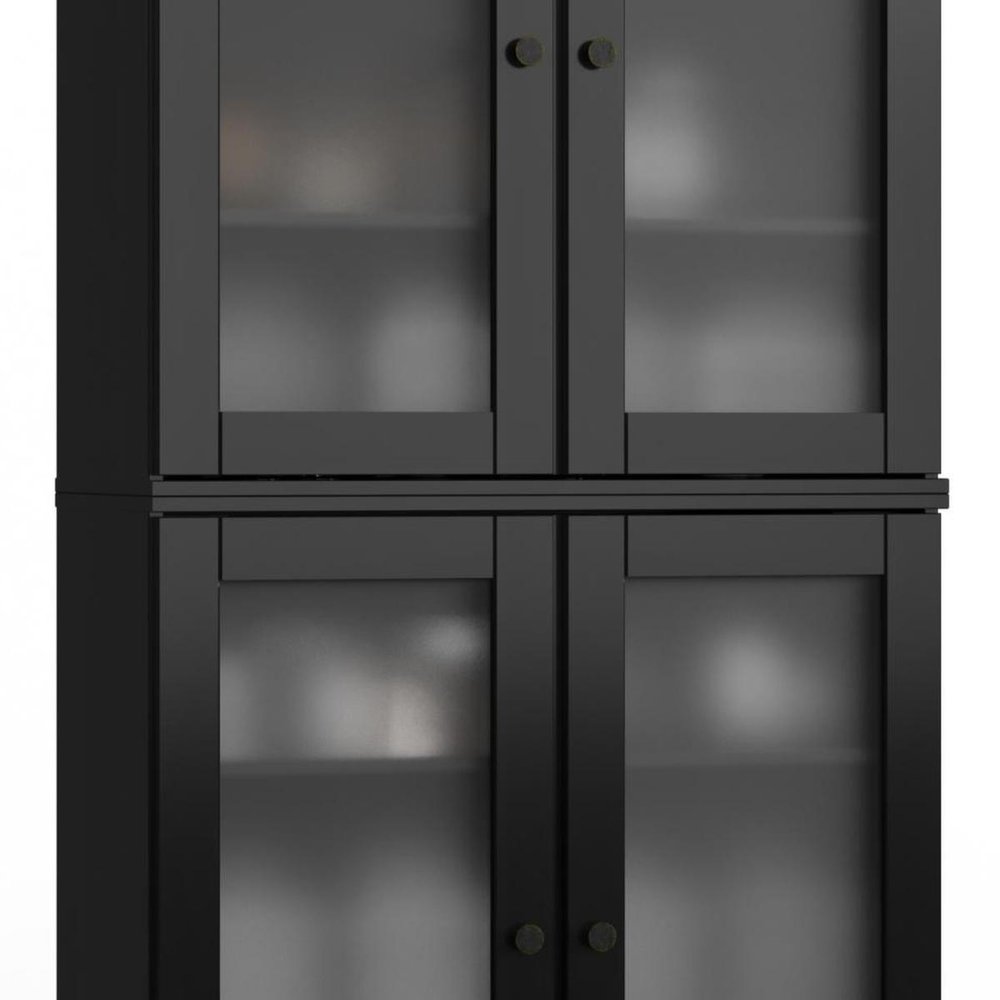 32" Black Solid Wood Glass Panel Inlay Double Door Linen Cabinet — view 3