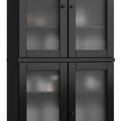 32" Black Solid Wood Glass Panel Inlay Double Door Linen Cabinet HomeRoots