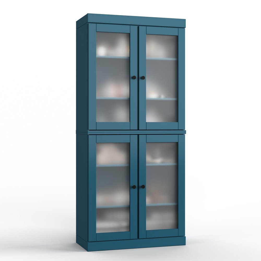 32" Teal Blue Solid Wood Glass Panel Inlay Double Door Linen Cabinet HomeRoots