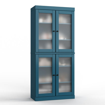 32" Teal Blue Solid Wood Glass Panel Inlay Double Door Linen Cabinet HomeRoots