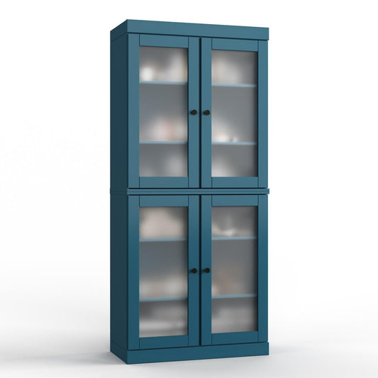 32" Teal Blue Solid Wood Glass Panel Inlay Double Door Linen Cabinet
