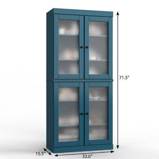 32" Teal Blue Solid Wood Glass Panel Inlay Double Door Linen Cabinet