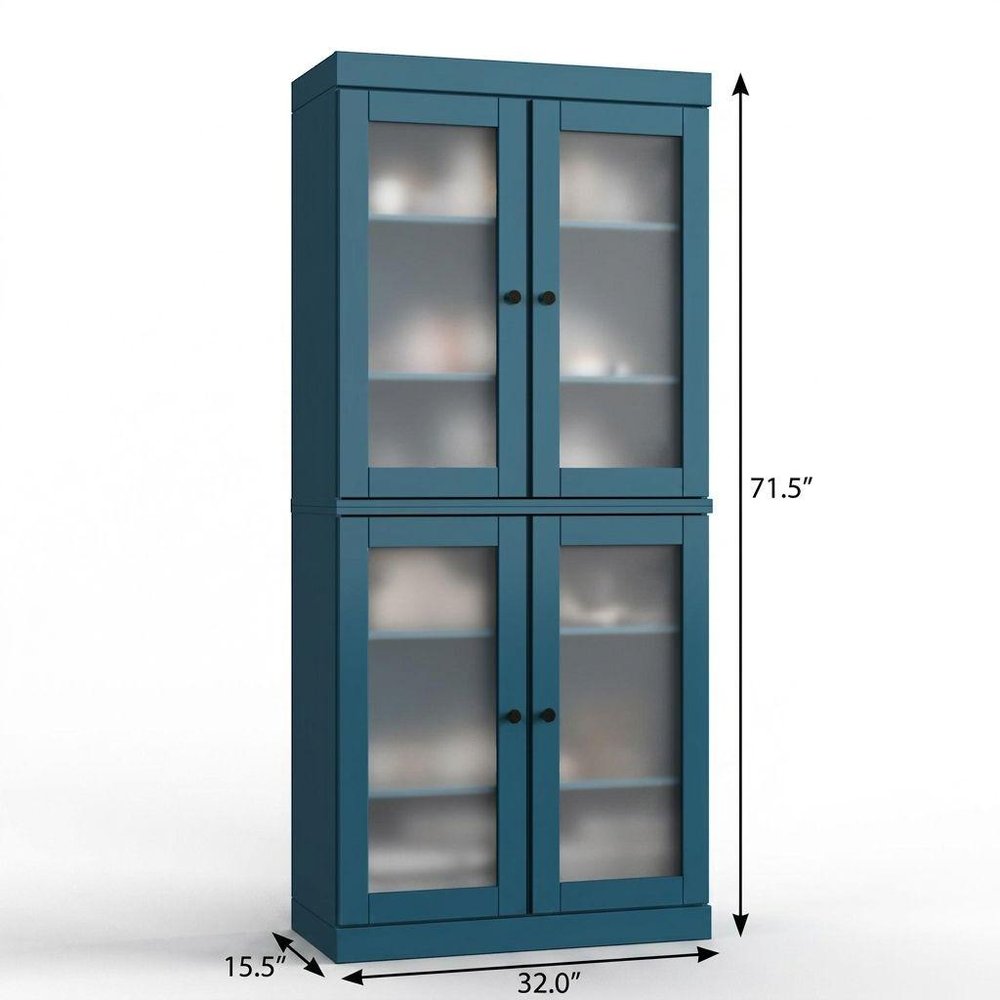 32" Teal Blue Solid Wood Glass Panel Inlay Double Door Linen Cabinet — view 2