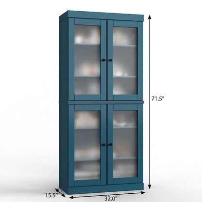 32" Teal Blue Solid Wood Glass Panel Inlay Double Door Linen Cabinet HomeRoots