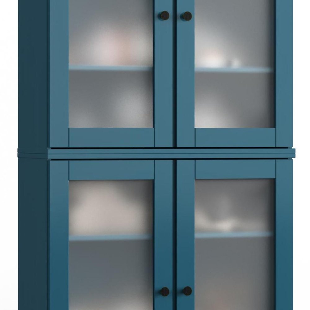 32" Teal Blue Solid Wood Glass Panel Inlay Double Door Linen Cabinet HomeRoots