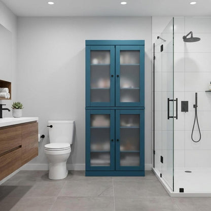 32" Teal Blue Solid Wood Glass Panel Inlay Double Door Linen Cabinet HomeRoots