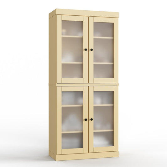 32" Yellow Solid Wood Glass Panel Inlay Double Door Linen Cabinet