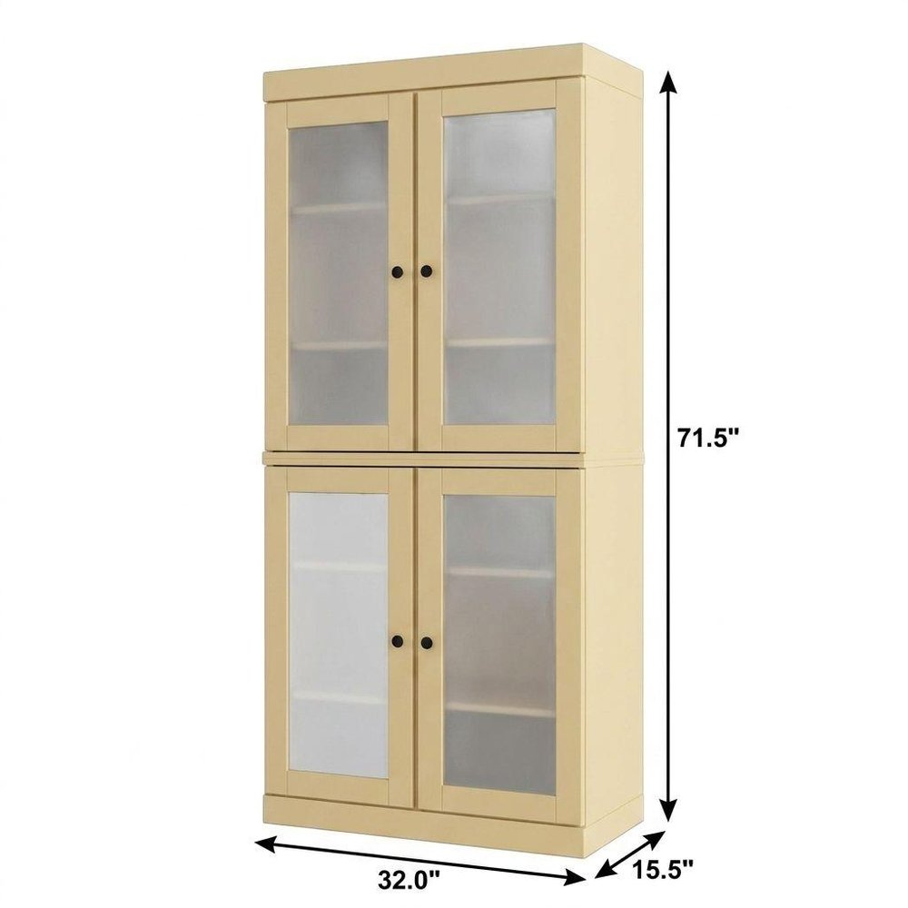 32" Yellow Solid Wood Glass Panel Inlay Double Door Linen Cabinet HomeRoots