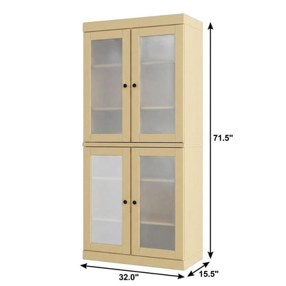 32" Yellow Solid Wood Glass Panel Inlay Double Door Linen Cabinet HomeRoots
