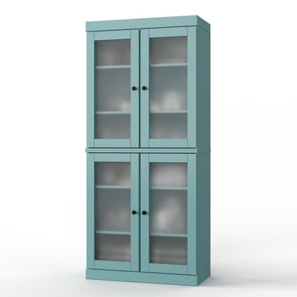 32" Aqua Solid Wood Glass Panel Inlay Double Door Linen Cabinet