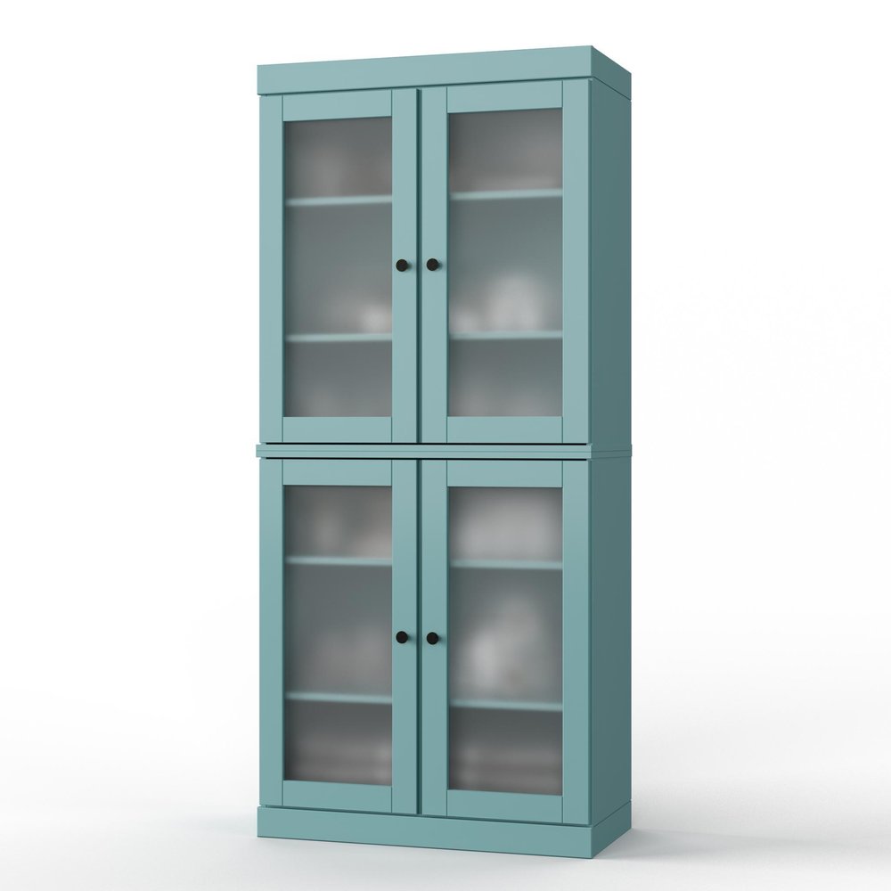 32" Aqua Solid Wood Glass Panel Inlay Double Door Linen Cabinet HomeRoots