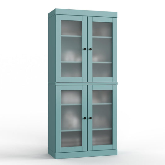 32" Aqua Solid Wood Glass Panel Inlay Double Door Linen Cabinet