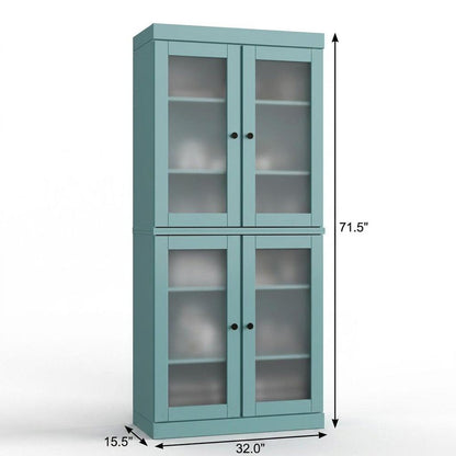 32" Aqua Solid Wood Glass Panel Inlay Double Door Linen Cabinet HomeRoots