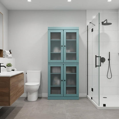32" Aqua Solid Wood Glass Panel Inlay Double Door Linen Cabinet HomeRoots