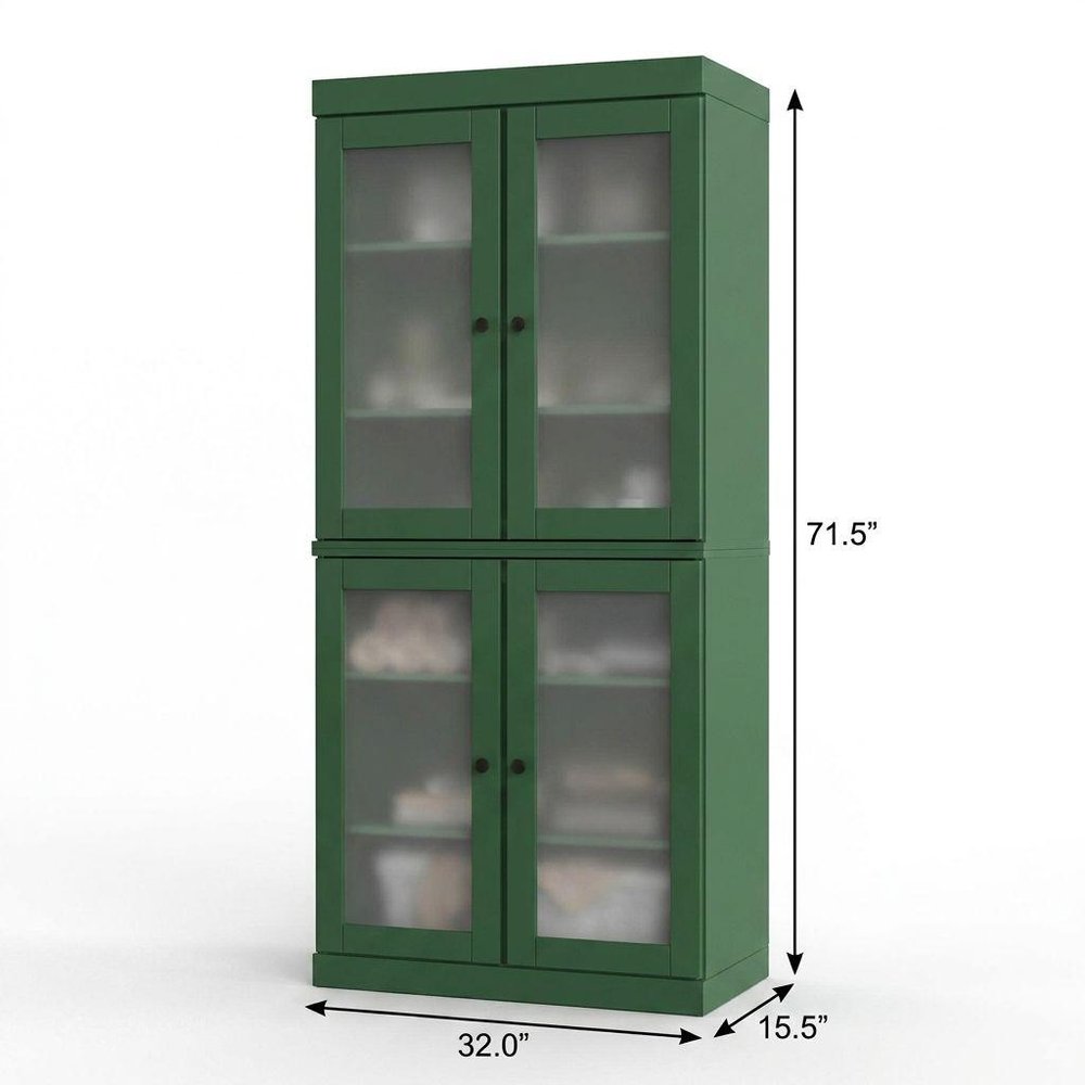 32" Green Solid Wood Glass Panel Inlay Double Door Linen Cabinet — view 1