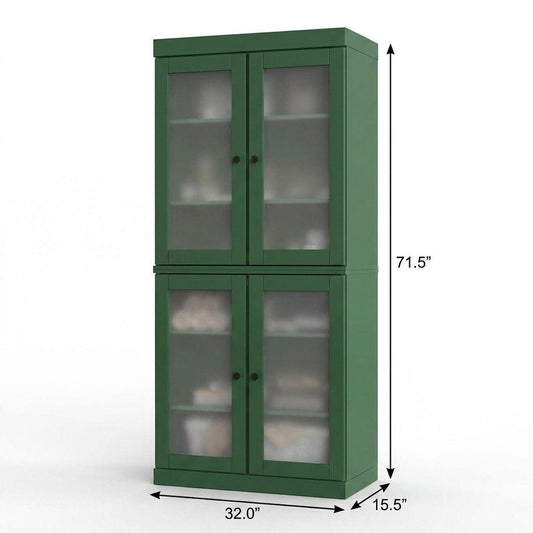 32" Green Solid Wood Glass Panel Inlay Double Door Linen Cabinet