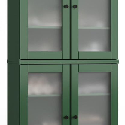 32" Green Solid Wood Glass Panel Inlay Double Door Linen Cabinet