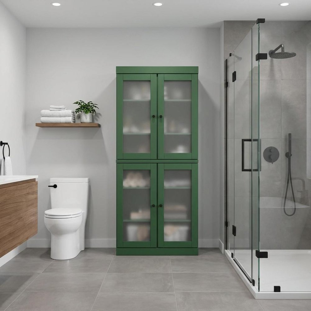 32" Green Solid Wood Glass Panel Inlay Double Door Linen Cabinet HomeRoots