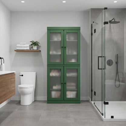 32" Green Solid Wood Glass Panel Inlay Double Door Linen Cabinet HomeRoots