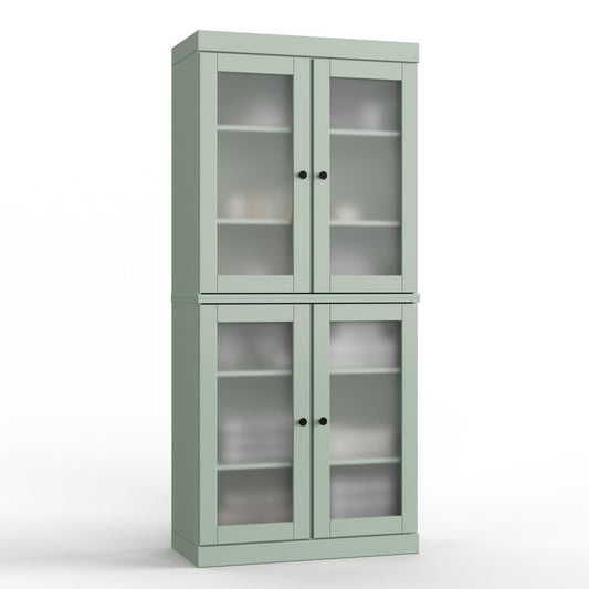 32" Sage Solid Wood Glass Panel Inlay Double Door Linen Cabinet