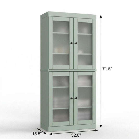 32" Sage Solid Wood Glass Panel Inlay Double Door Linen Cabinet