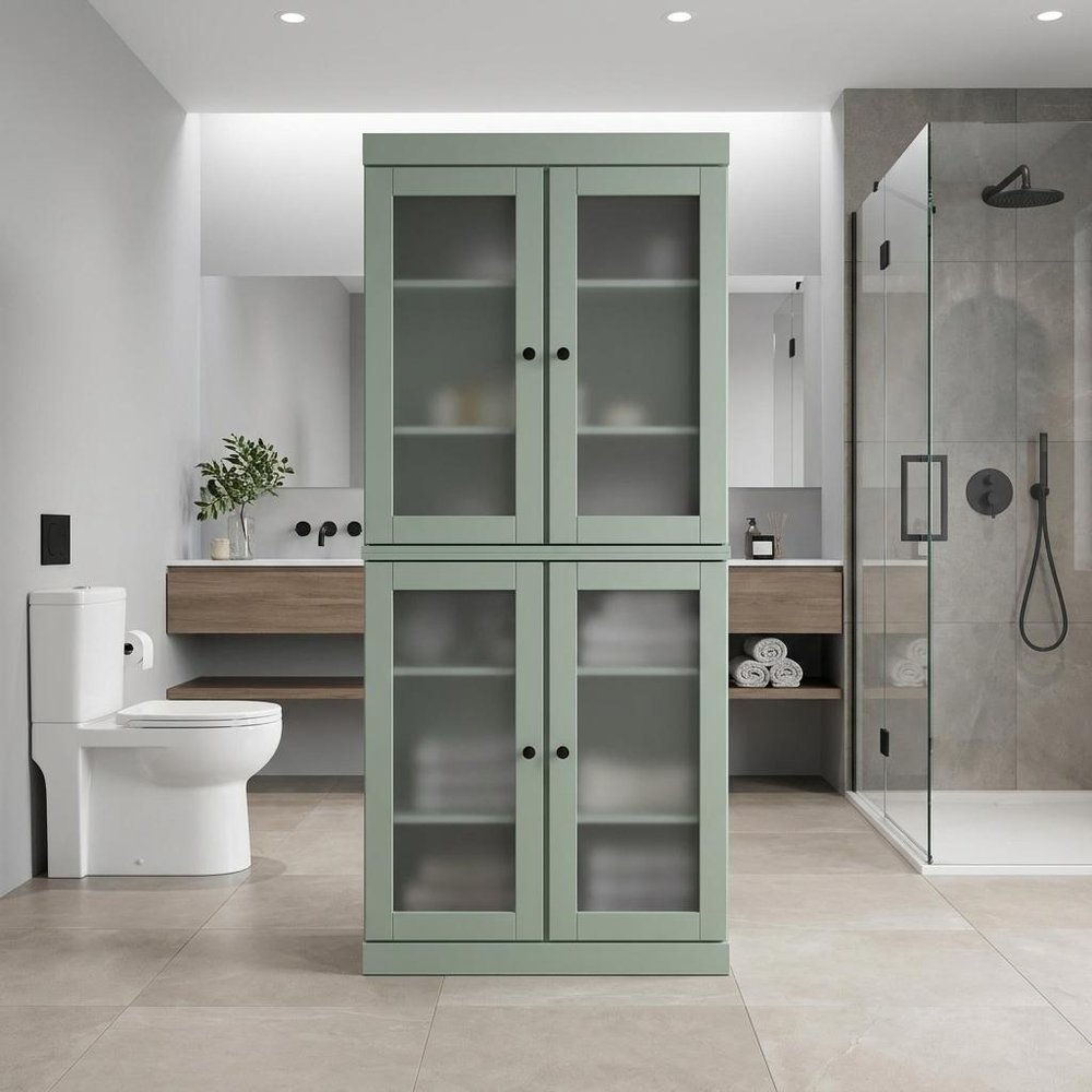 32" Sage Solid Wood Glass Panel Inlay Double Door Linen Cabinet HomeRoots