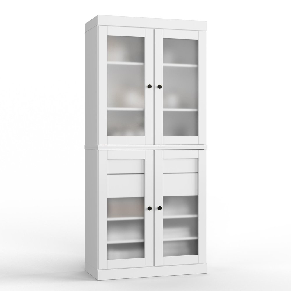 32" White Solid Wood Glass Panel Inlay Double Door Linen Cabinet — view 1