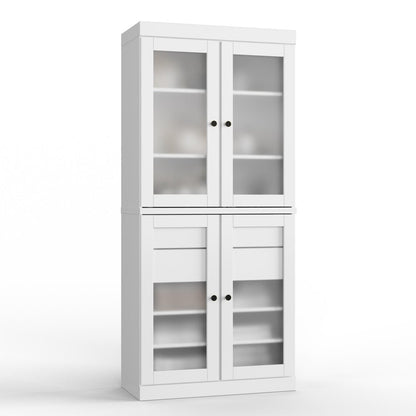 32" White Solid Wood Glass Panel Inlay Double Door Linen Cabinet