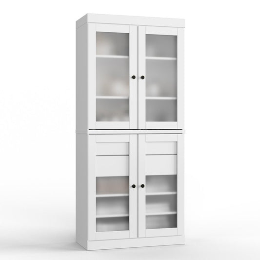32" White Solid Wood Glass Panel Inlay Double Door Linen Cabinet