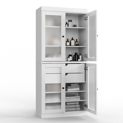 32" White Solid Wood Glass Panel Inlay Double Door Linen Cabinet HomeRoots