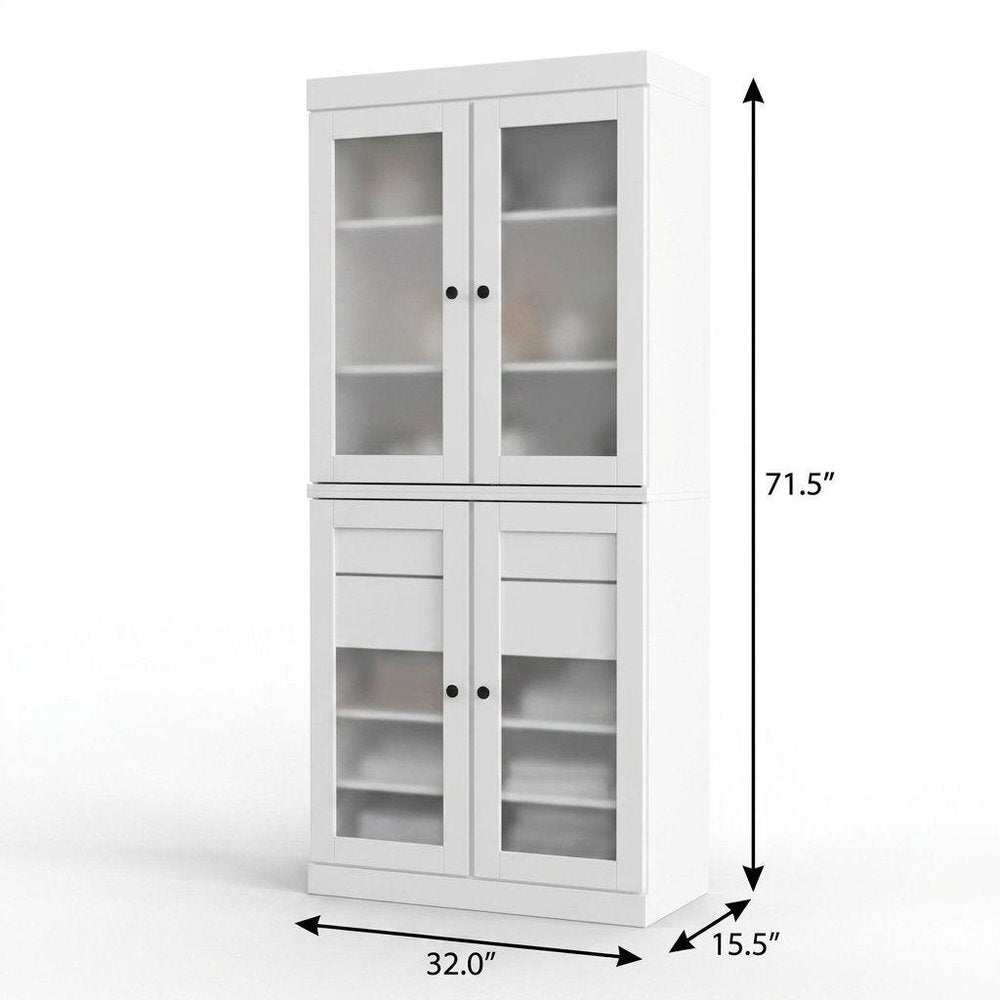 32" White Solid Wood Glass Panel Inlay Double Door Linen Cabinet HomeRoots