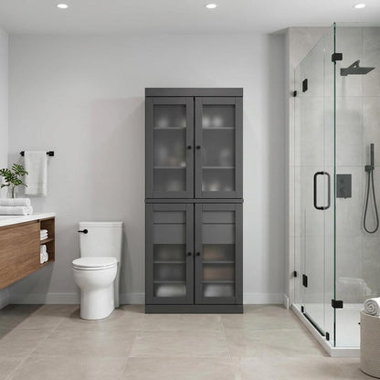 32" Gray Solid Wood Glass Panel Inlay Double Door Linen Cabinet HomeRoots