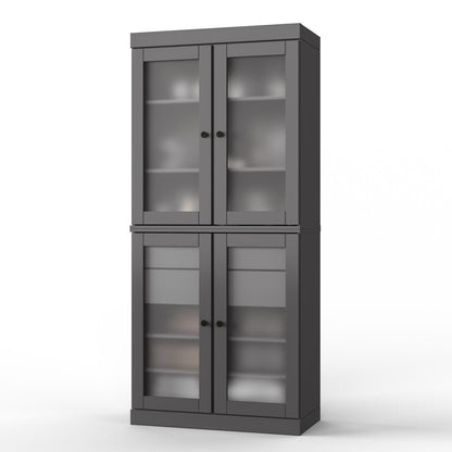 32" Gray Solid Wood Glass Panel Inlay Double Door Linen Cabinet HomeRoots