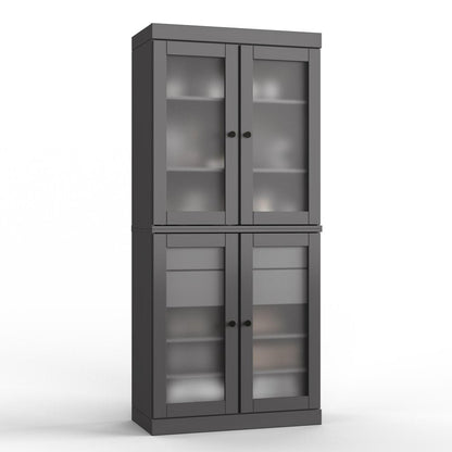 32" Gray Solid Wood Glass Panel Inlay Double Door Linen Cabinet HomeRoots