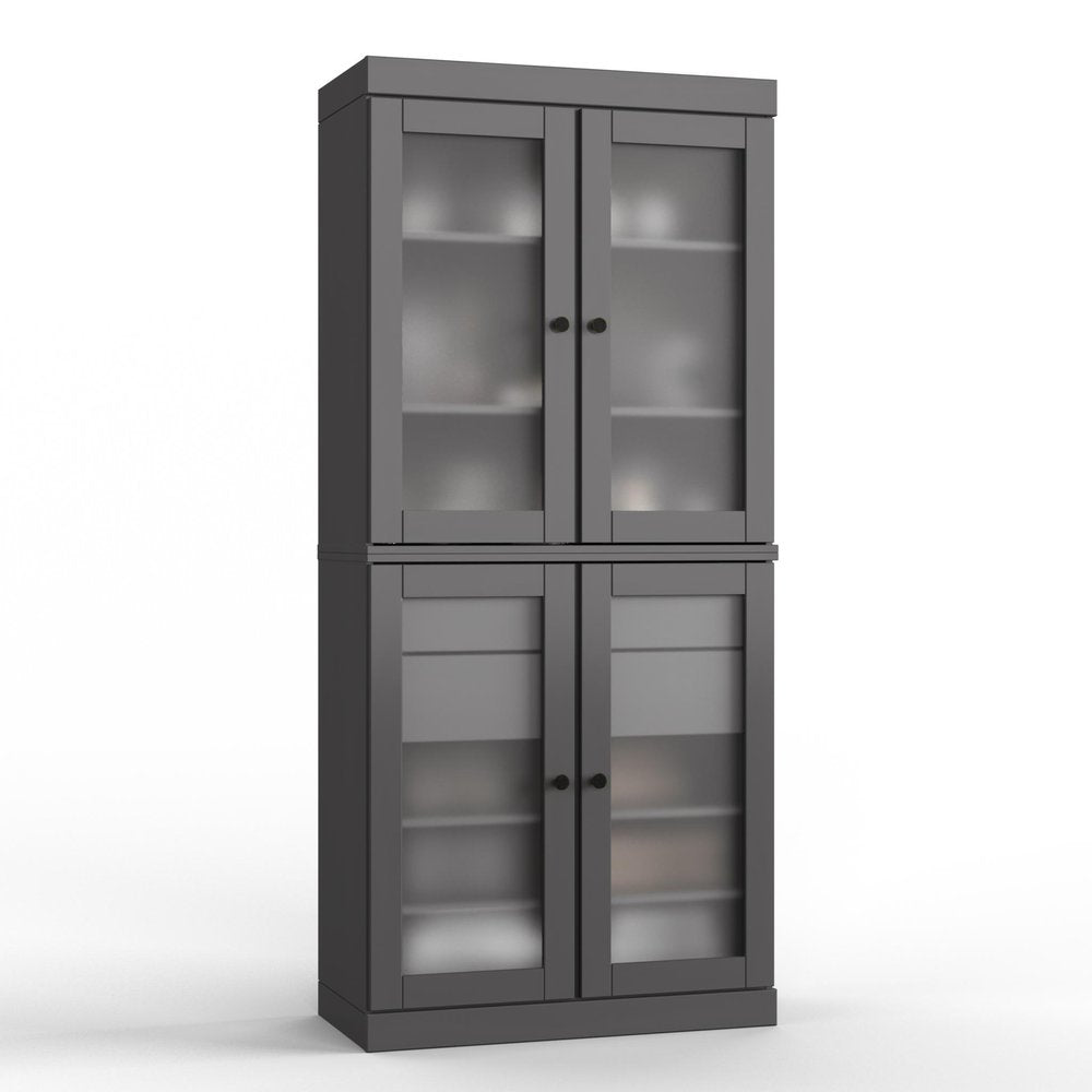 32" Gray Solid Wood Glass Panel Inlay Double Door Linen Cabinet — view 1