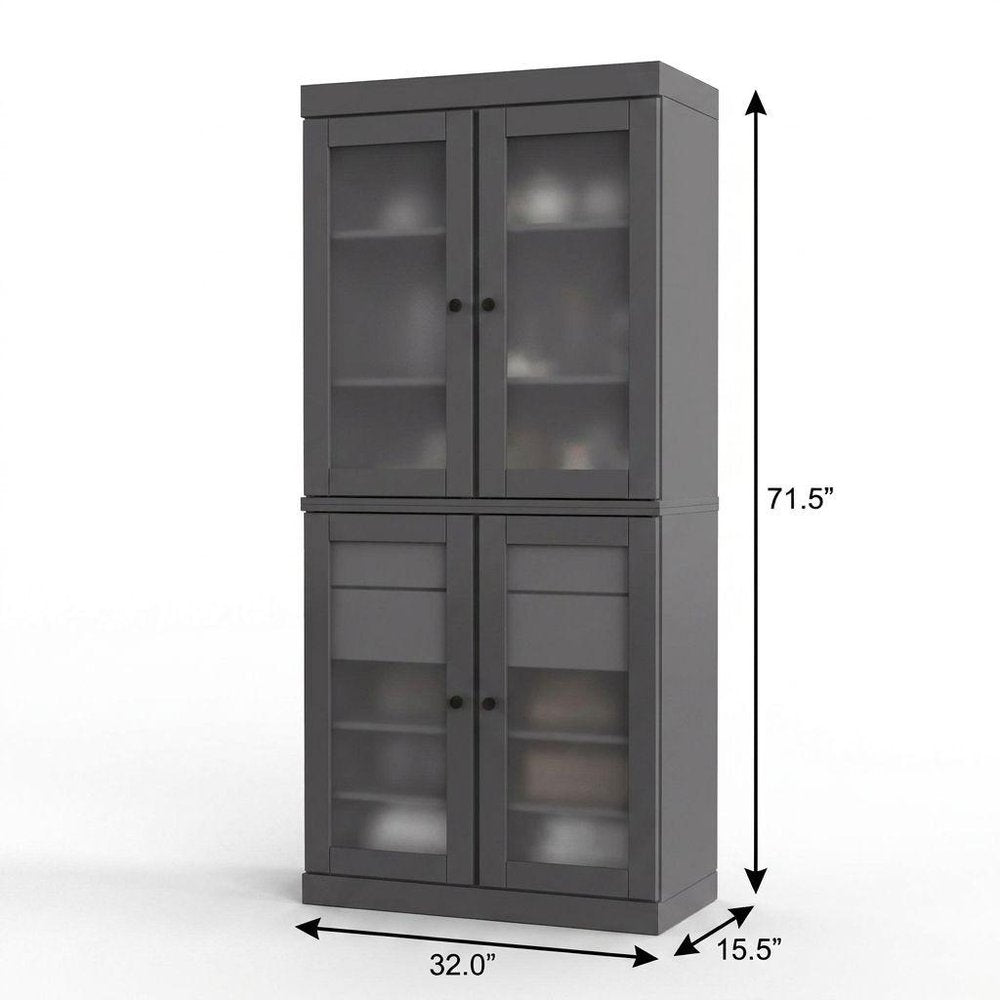 32" Gray Solid Wood Glass Panel Inlay Double Door Linen Cabinet — view 2