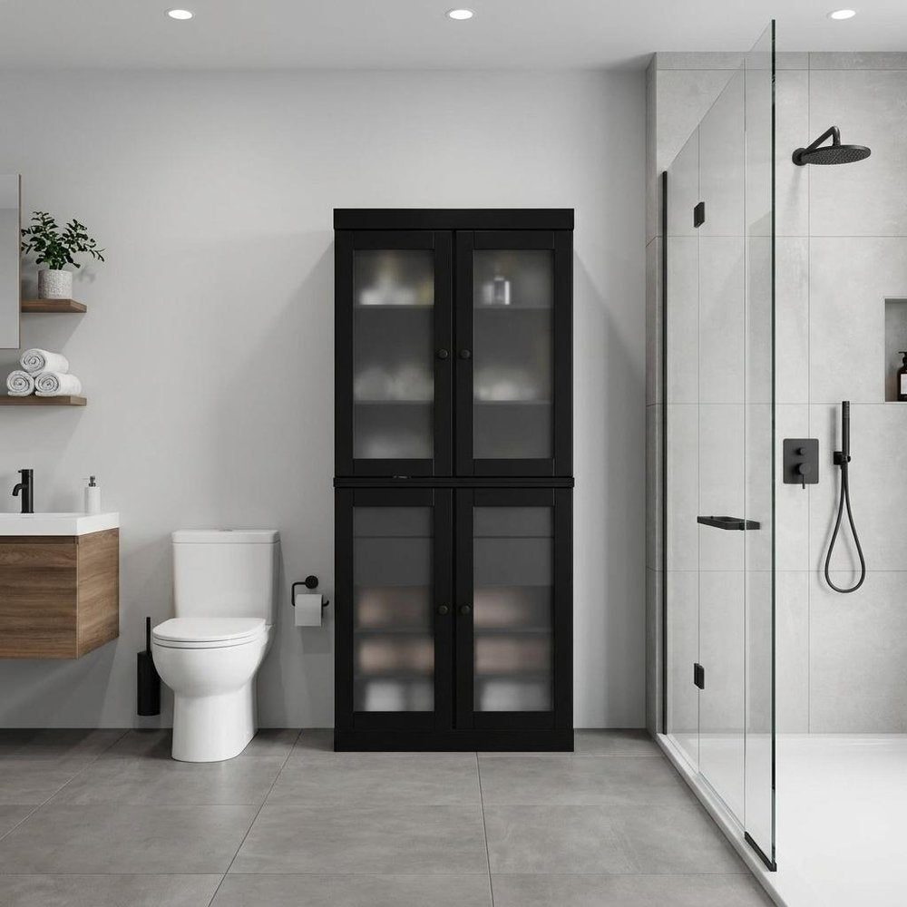 32" Black Solid Wood Glass Panel Inlay Double Door Linen Cabinet — view 4