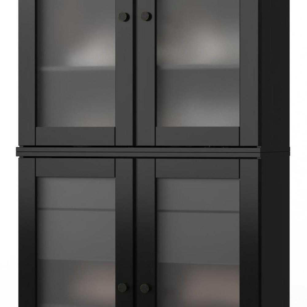 32" Black Solid Wood Glass Panel Inlay Double Door Linen Cabinet HomeRoots