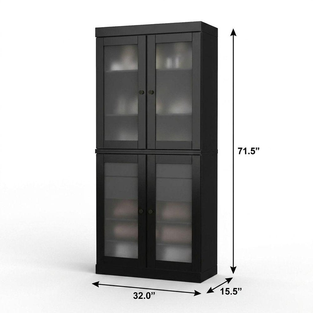 32" Black Solid Wood Glass Panel Inlay Double Door Linen Cabinet HomeRoots