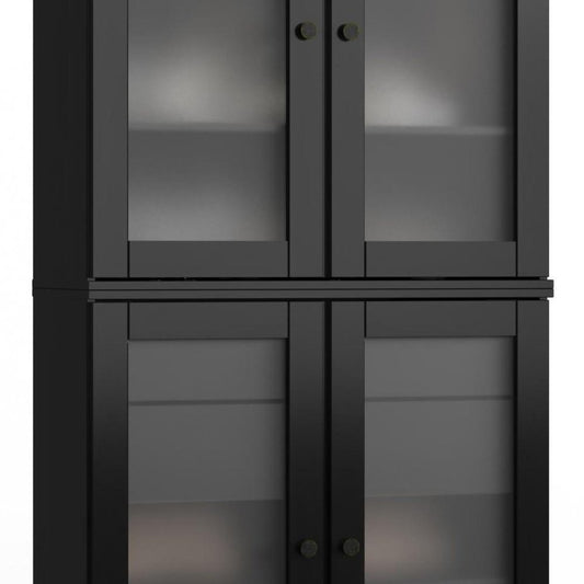32" Black Solid Wood Glass Panel Inlay Double Door Linen Cabinet